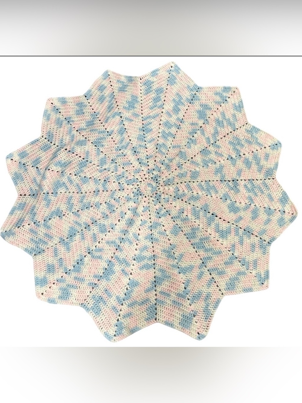 Handmade Crochet Knit Blue+Pink Starburst Throw Blanket 44”